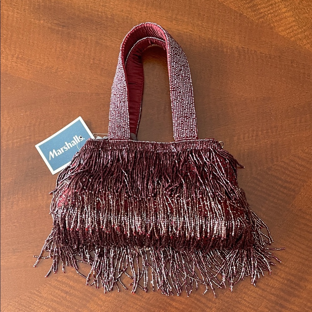 Beaded Fringe Mini Bag in Burgundy
